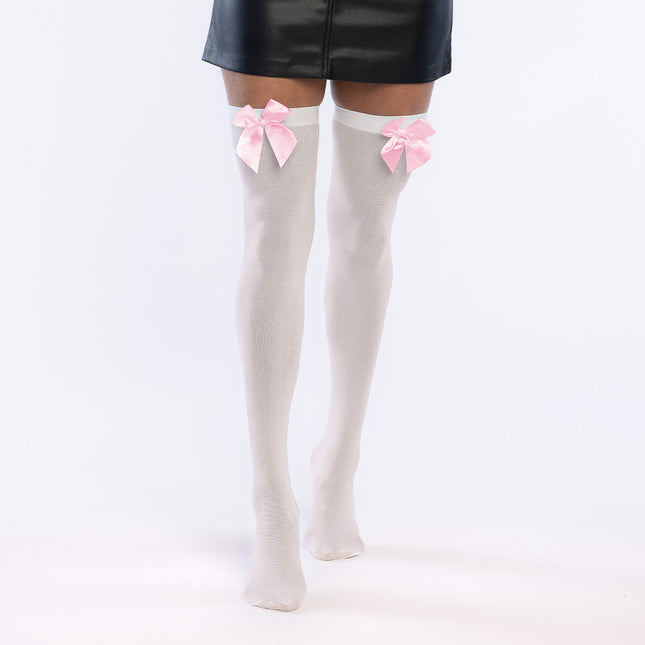 Par strumpor Bow vit/rosa