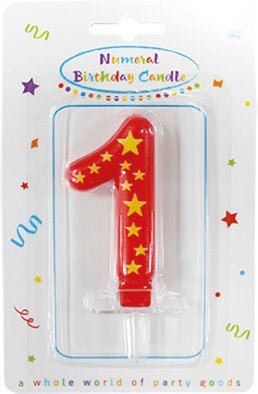 1 Jaar Kaars Rood Met Sterren van Procos koop je bij Partywinkel