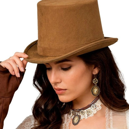 HÖG HATT, VINTAGE, MÖSSLÄDER, BRUN, 15 CM