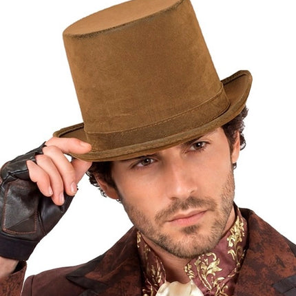 HÖG HATT, VINTAGE, MÖSSLÄDER, BRUN, 15 CM