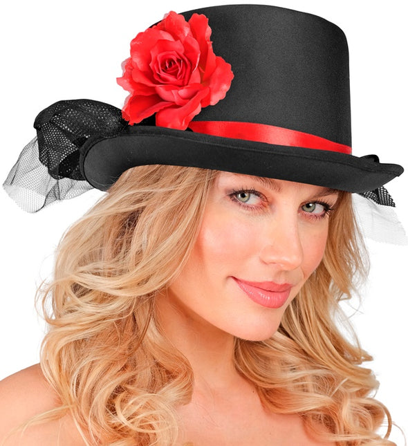 HÖG HATT SVART MED TYLL OCH RÖD ROS