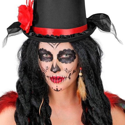 HÖG HATT SVART MED TYLL OCH RÖD ROS