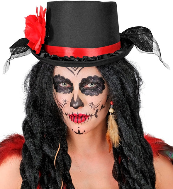 HÖG HATT SVART MED TYLL OCH RÖD ROS