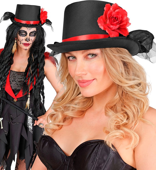 HÖG HATT SVART MED TYLL OCH RÖD ROS