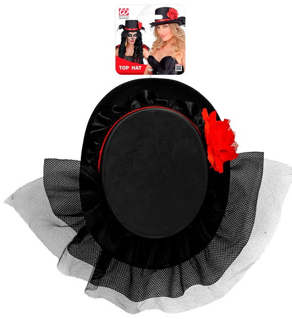 HÖG HATT SVART MED TYLL OCH RÖD ROS