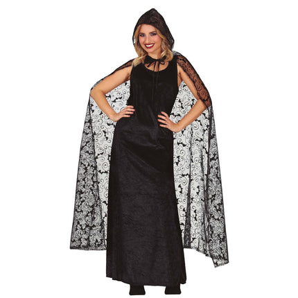 Halloween-kappa, svart, med fladdermusmotiv, 1,2 m