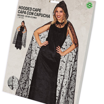 Halloween-kappa, svart, med fladdermusmotiv, 1,2 m