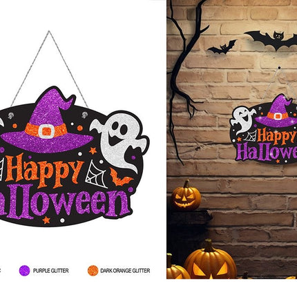 Halloween-dörrskylt, lila med glitter, 37 cm