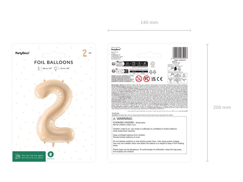 2 Jaar Cijfer Ballon Beige Leeg 72cm van Partydeco koop je bij Partywinkel
