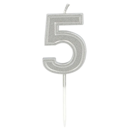 Ljus Elegant ”5” i silver på pinne (3 x 4,2 x 0,7 cm)