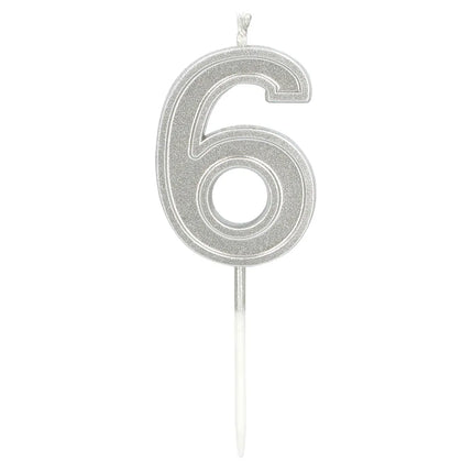 Ljus Elegant ”6” silver på sticka (3 x 4,2 x 0,7 cm)