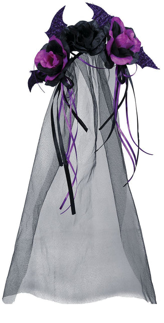 Svart Halloween hårband Lila blommor och slöja