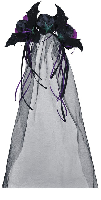 Svart Halloween hårband Lila blommor och slöja