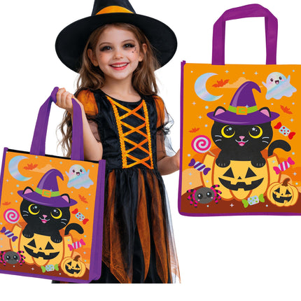 Halloween-väska, orange och lila, med kattmotiv