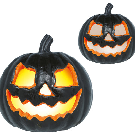 Halloween-pumpa, svart med ljus, 20 cm