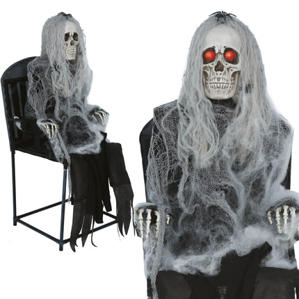 Halloween-skelett på stol med ljus, ljud och rörelse, 1,05 m