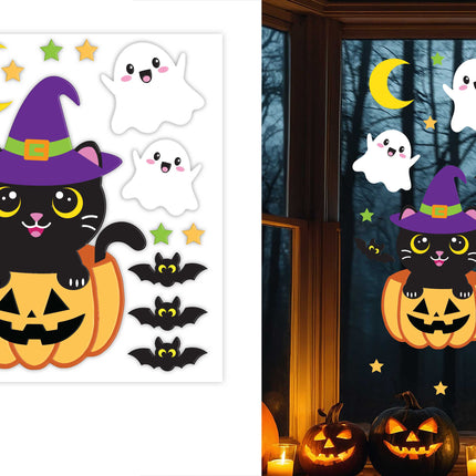 Halloween-fönsterdekoration: katt med pumpa, 50 cm