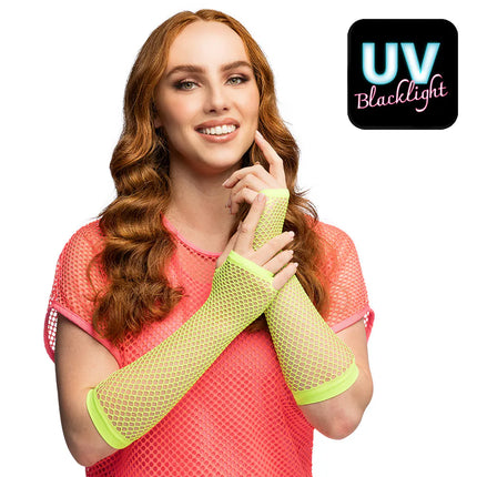 Ett par handskar med armbågsskydd i mesh, neongröna