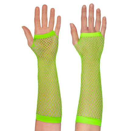 Ett par handskar med armbågsskydd i mesh, neongröna