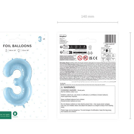 3 Jaar Cijfer Ballon Lichtblauw Leeg 72cm van Partydeco koop je bij Partywinkel