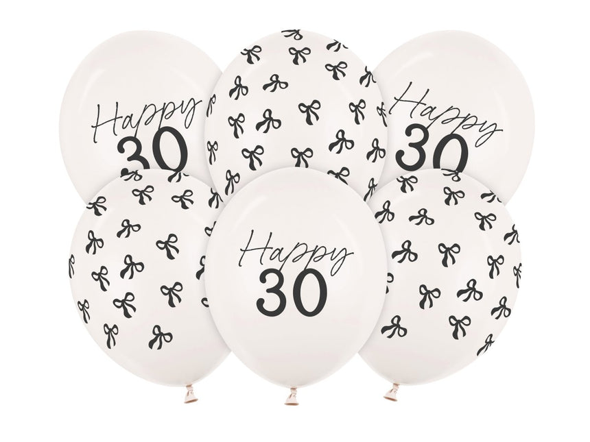 30 Jaar Ballonnen Zwart Wit Strik 30cm 6st van Partydeco koop je bij Partywinkel