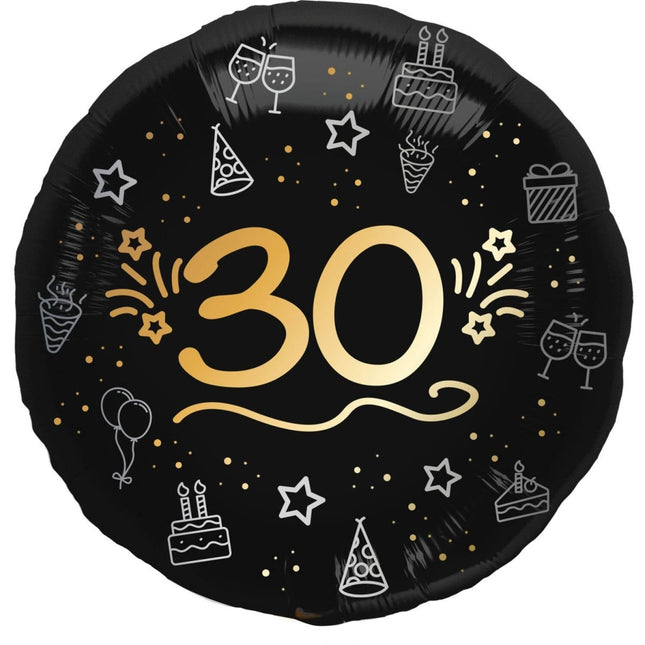 30 Jaar Helium Ballon Zwart Goud Leeg 45cm van Folat koop je bij Partywinkel