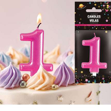 Rosa ljus 1 år metalliskt 8cm