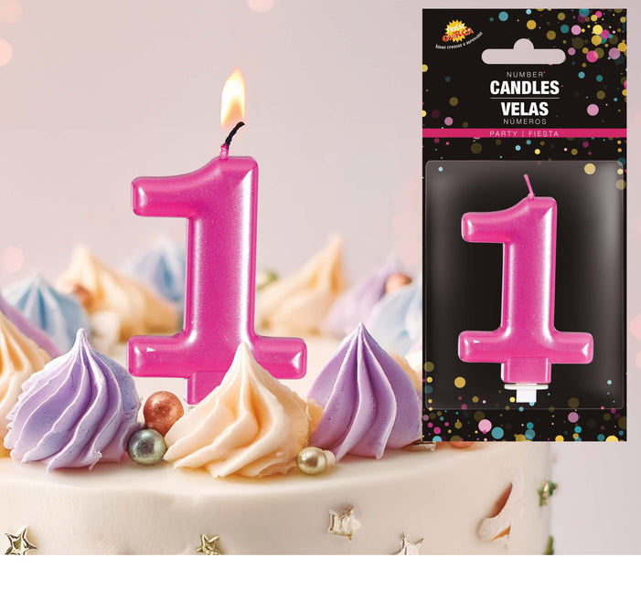 Rosa ljus 1 år metalliskt 8cm