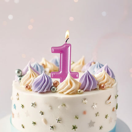 Rosa ljus 1 år metalliskt 8cm