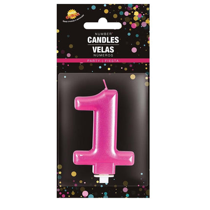 Rosa ljus 1 år metalliskt 8cm