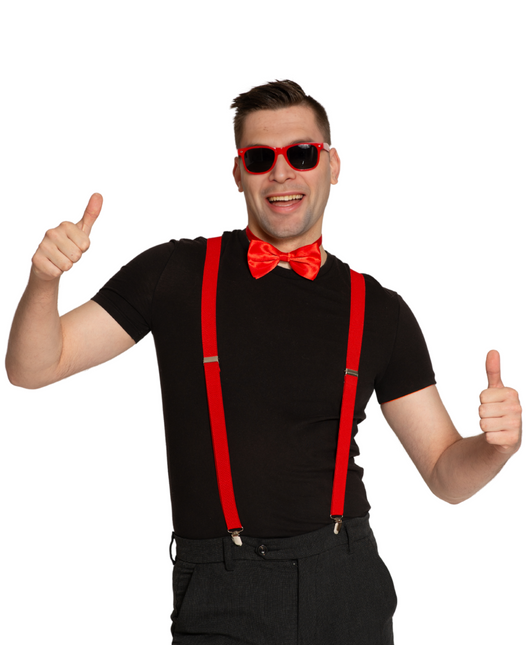 Set Hängslen/Glasögon/Stripe Röd