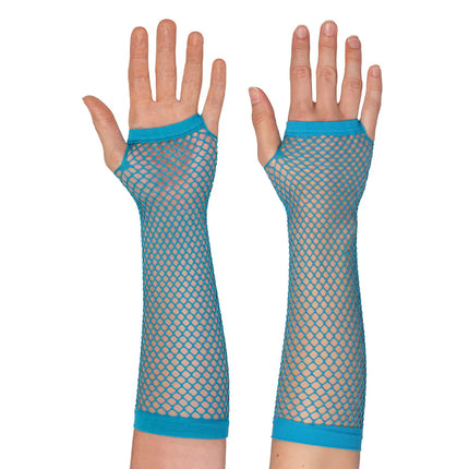 Ett par handskar med armbågsskydd i mesh, neonblå