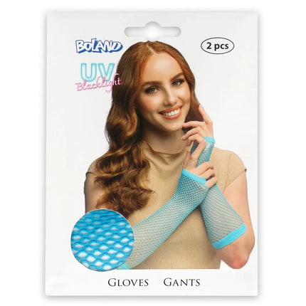 Ett par handskar med armbågsskydd i mesh, neonblå