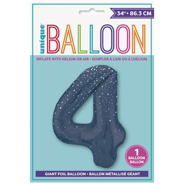 4 Jaar Cijfer Ballon Donkerblauw Stippen 86cm van Unique koop je bij Partywinkel