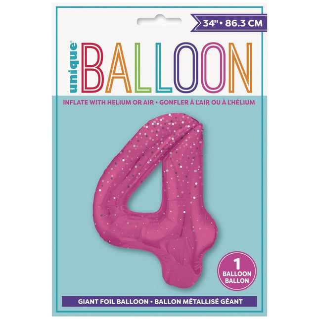 4 Jaar Cijfer Ballon Roze Stippen 86cm van Unique koop je bij Partywinkel