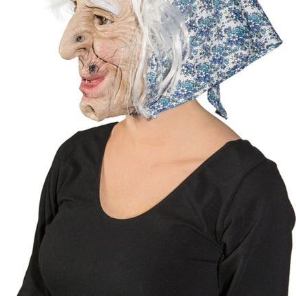 Häxmask med blå huvudduk och hår