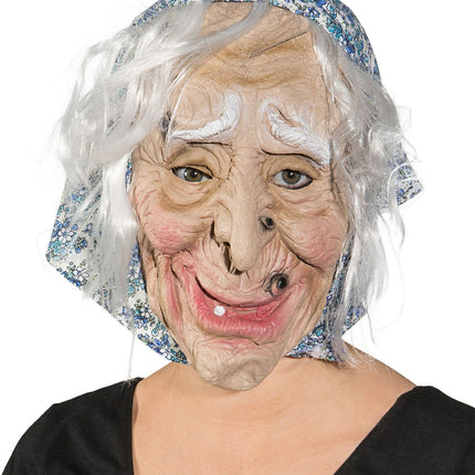 Häxmask med blå huvudduk och hår