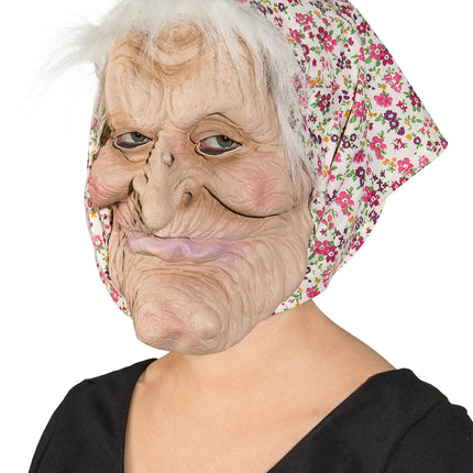 Häxmask med blommig huvudduk och hår