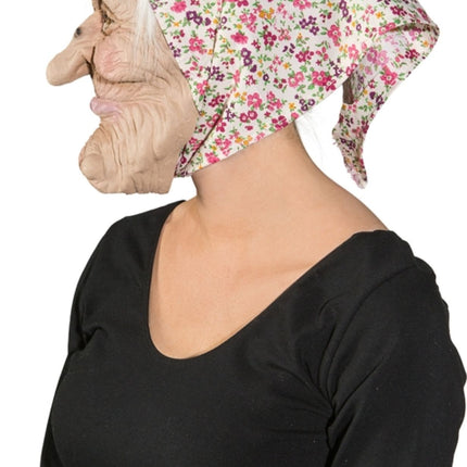 Häxmask med blommig huvudduk och hår