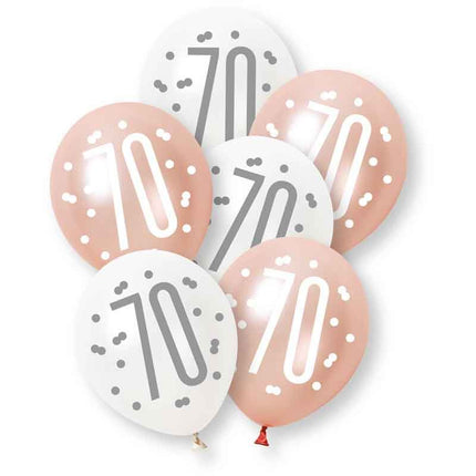 70-årsballonger, set i vitt och rosa, 30 cm, 6 st