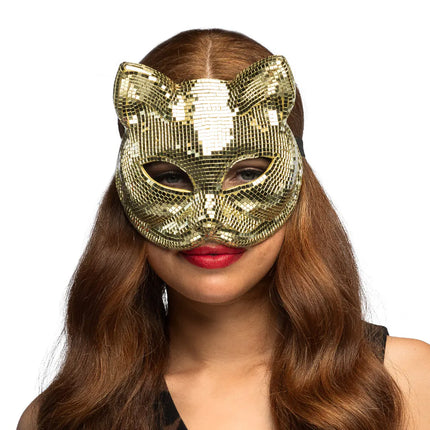 Halvmask Disco Cat guld