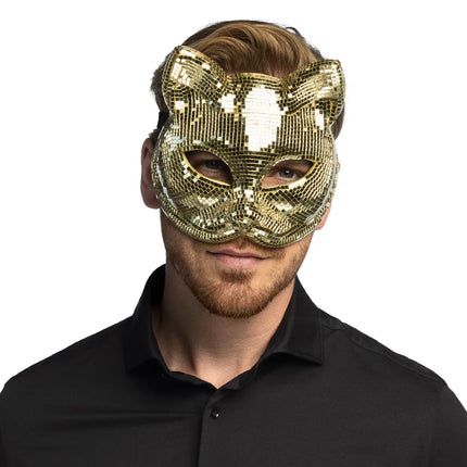 Halvmask Disco Cat guld