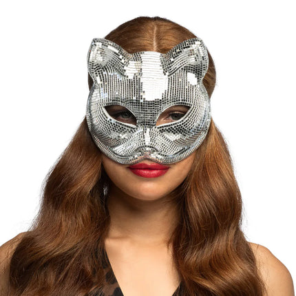 Halvmask Disco Cat silver