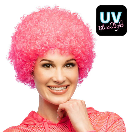 Peruk, lockig, neonrosa, UV