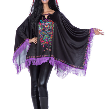 Dia De Los Muertos Poncho Svart Lila