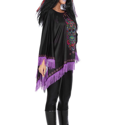 Dia De Los Muertos Poncho Svart Lila