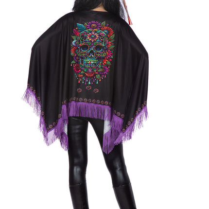 Dia De Los Muertos Poncho Svart Lila
