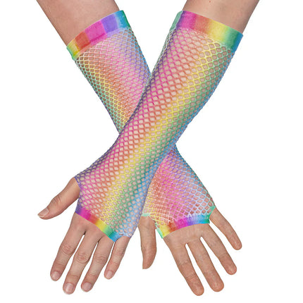 Ett par handskar med armbågsskydd i mesh i regnbågsfärger