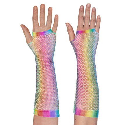 Ett par handskar med armbågsskydd i mesh i regnbågsfärger
