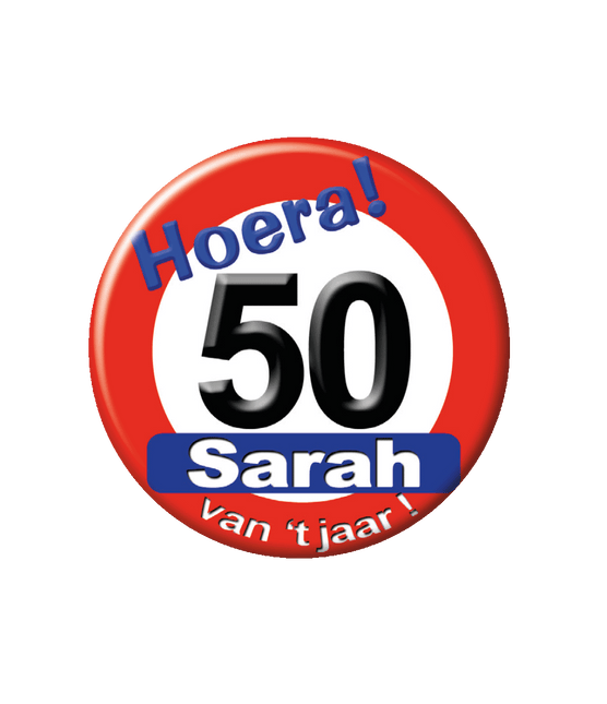 50 Jaar Button Sarah Verkeersbord 5,5cm van Paper Dreams koop je bij Partywinkel